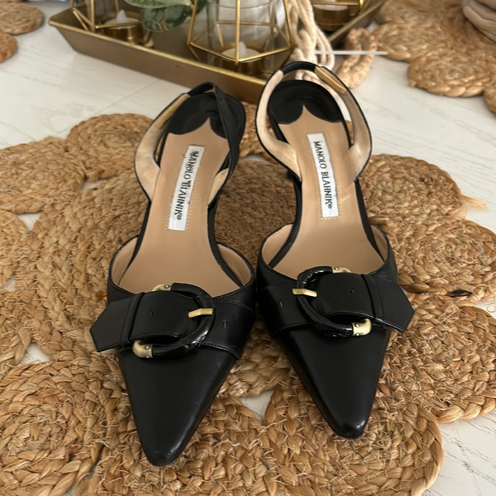 Vintage Manolo Blahnik Black Sling back w bamboo buckle